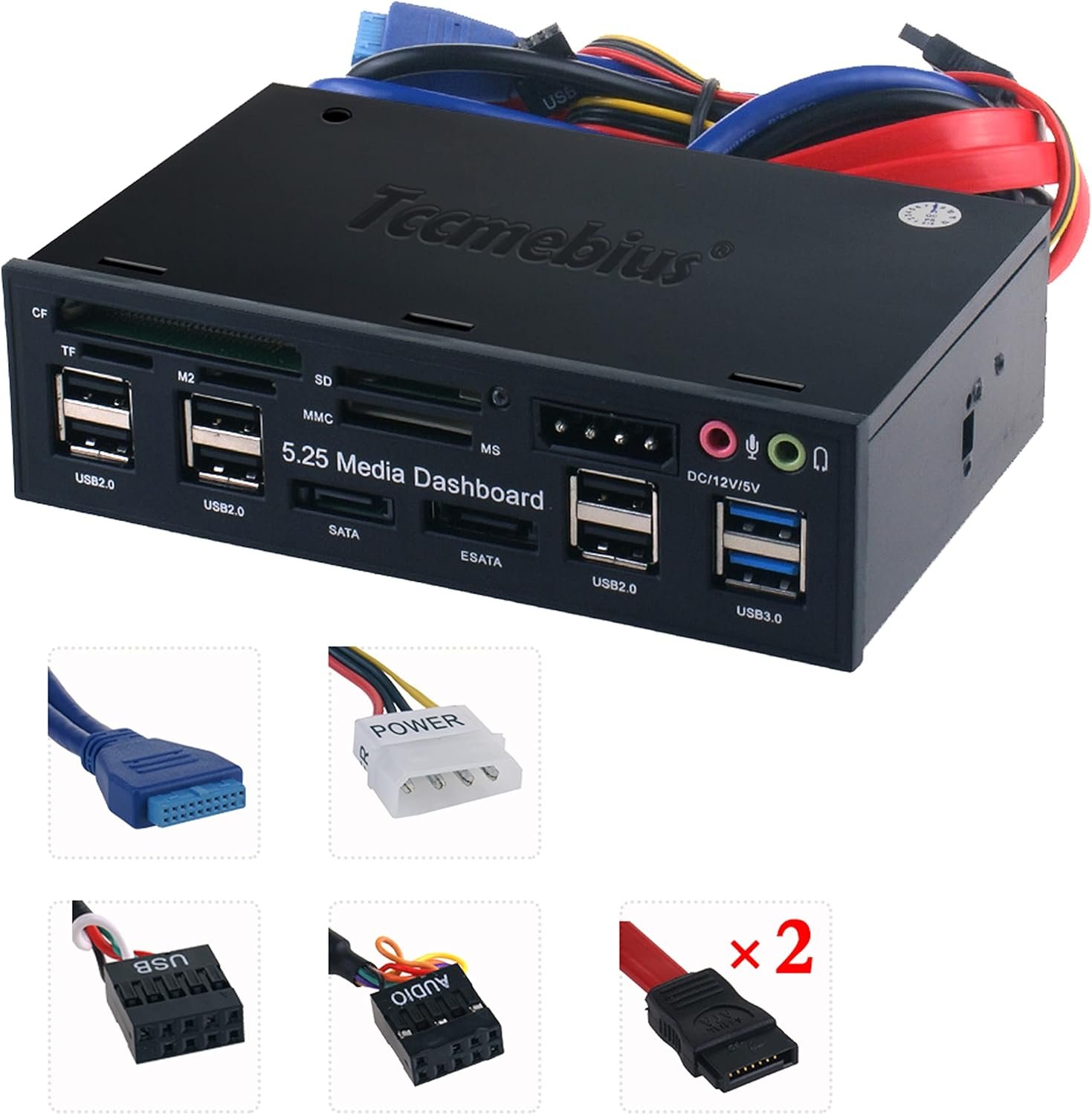 TCC-QL5E 5.25 Inch PC Multifunction Dashboard Media Front Panel with SATA e-SATA Hub USB 2.0/3.0 Audio Ports and 5-in-1 Card Reader (SD/MMC/CF/MS/TF/M2) - Image 4