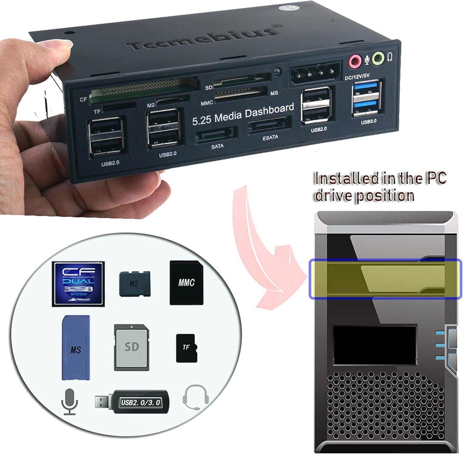 TCC-QL5E 5.25 Inch PC Multifunction Dashboard Media Front Panel with SATA e-SATA Hub USB 2.0/3.0 Audio Ports and 5-in-1 Card Reader (SD/MMC/CF/MS/TF/M2) - Image 5