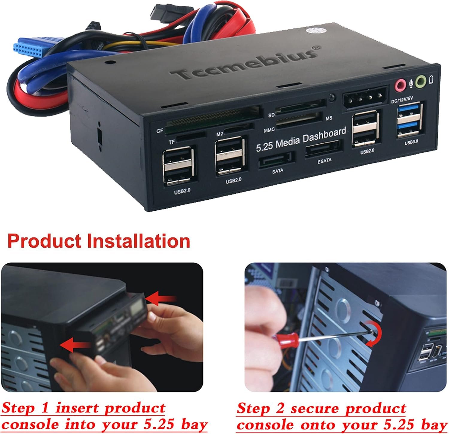 TCC-QL5E 5.25 Inch PC Multifunction Dashboard Media Front Panel with SATA e-SATA Hub USB 2.0/3.0 Audio Ports and 5-in-1 Card Reader (SD/MMC/CF/MS/TF/M2) - Image 6
