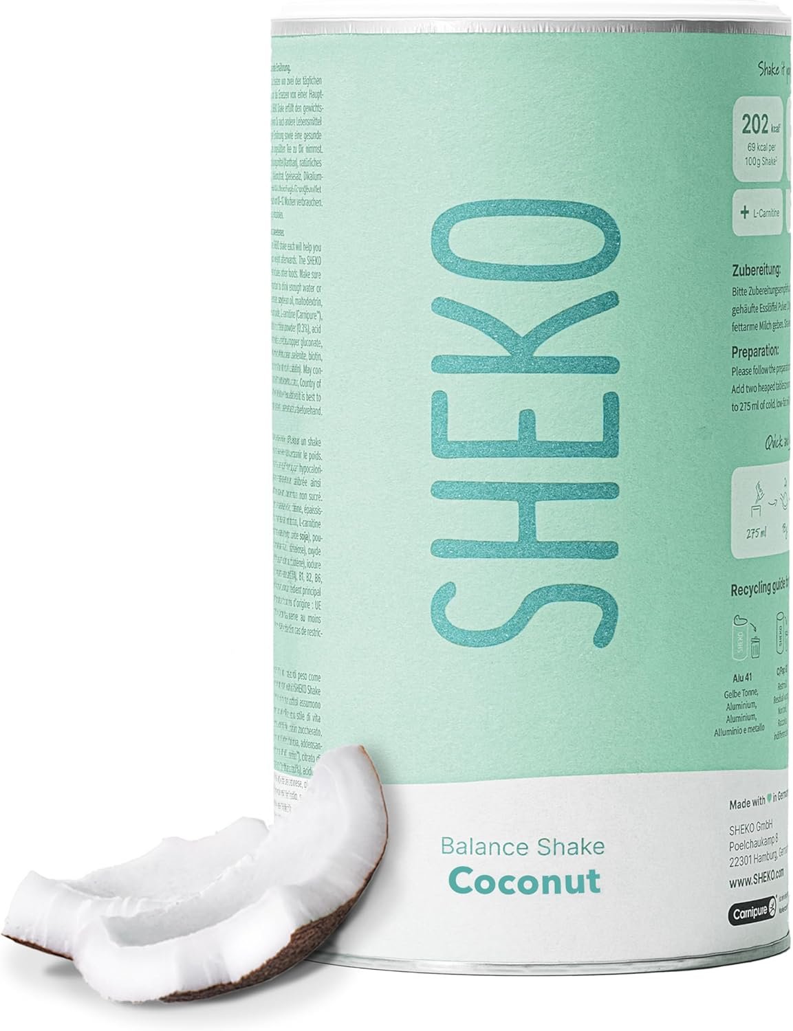 SHEKO - Frullato sostitutivo di base - 21 frullati per vasetto - Alto contenuto proteico - Gusto naturale - Frullato dimagrante - Diet (378 g, Cocco)