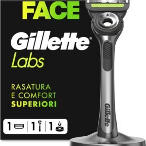 Rasoio da barba manuale Gillette Labs con barra integrata, 1 manico, 1 lame di ricambio Gillette con base magnetica, grigio, rasoio da barba e lame di ricambio