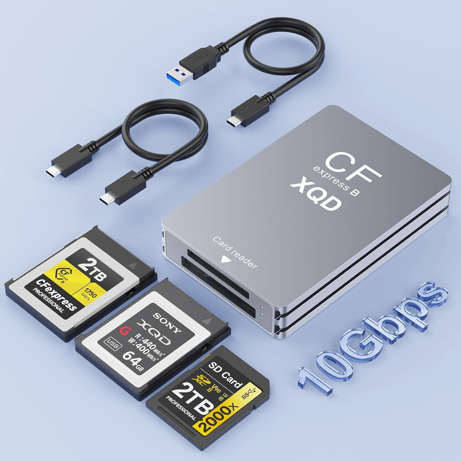 3 in 1 CFexpress Card Reader Type B Y XQD y SD with USB 3.2(Gen2)10 Gbit/s, CFe Memory Card Reader Type B & XQD Card Reader Adapter for Windows/Mac/Linux/Android with USB-C/US B-A Cable - Image 2
