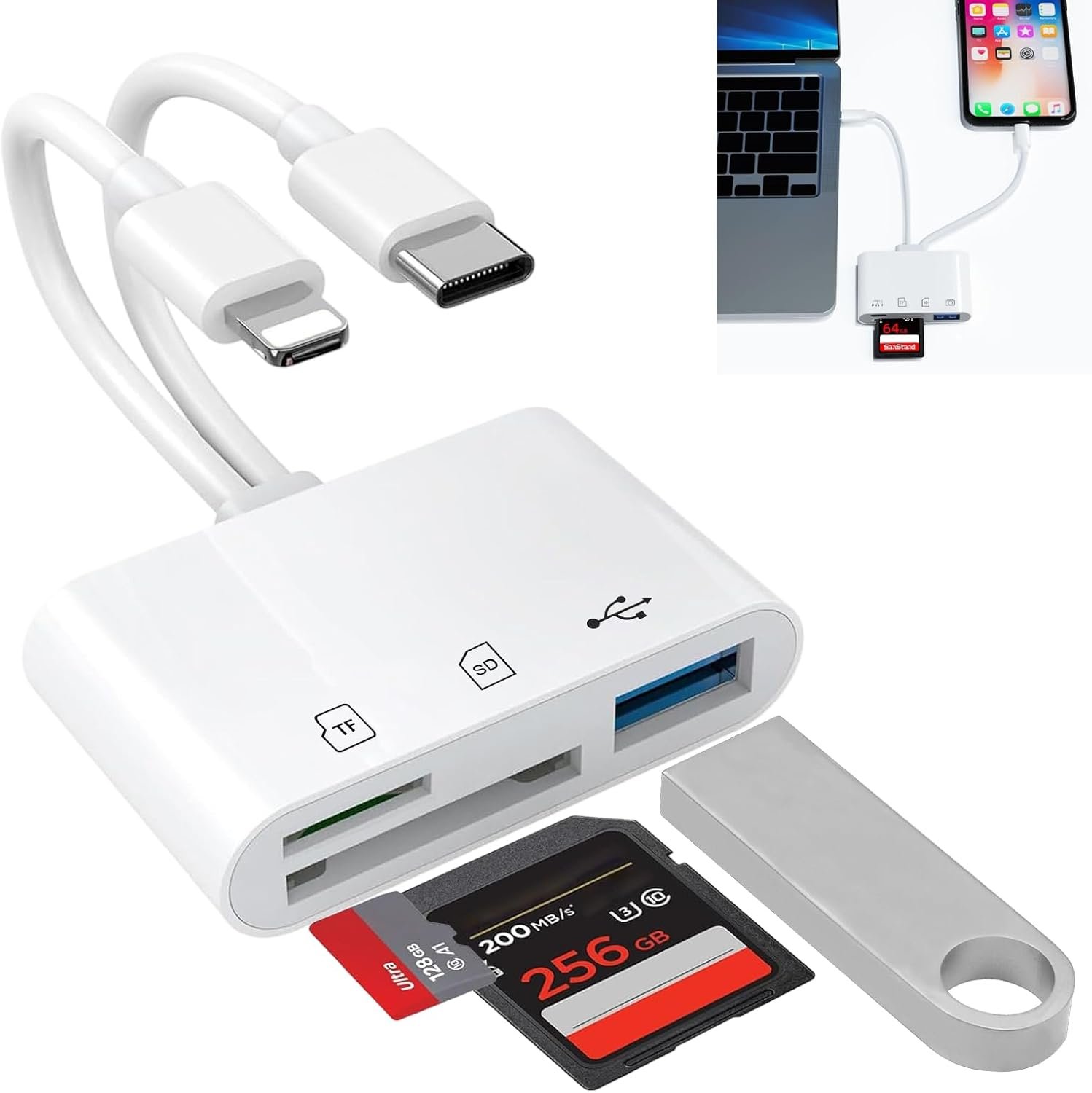 3 in 2 Lettore Schede SD, Adattatore Lettore di Schede SD USB C Lightning, SD Card Reader Compatibile con iPhone/iPad/Macbook/Android, OTG, Adattatore Scheda SD per SD/MicroSD/USB, Plug and Play - Image 2