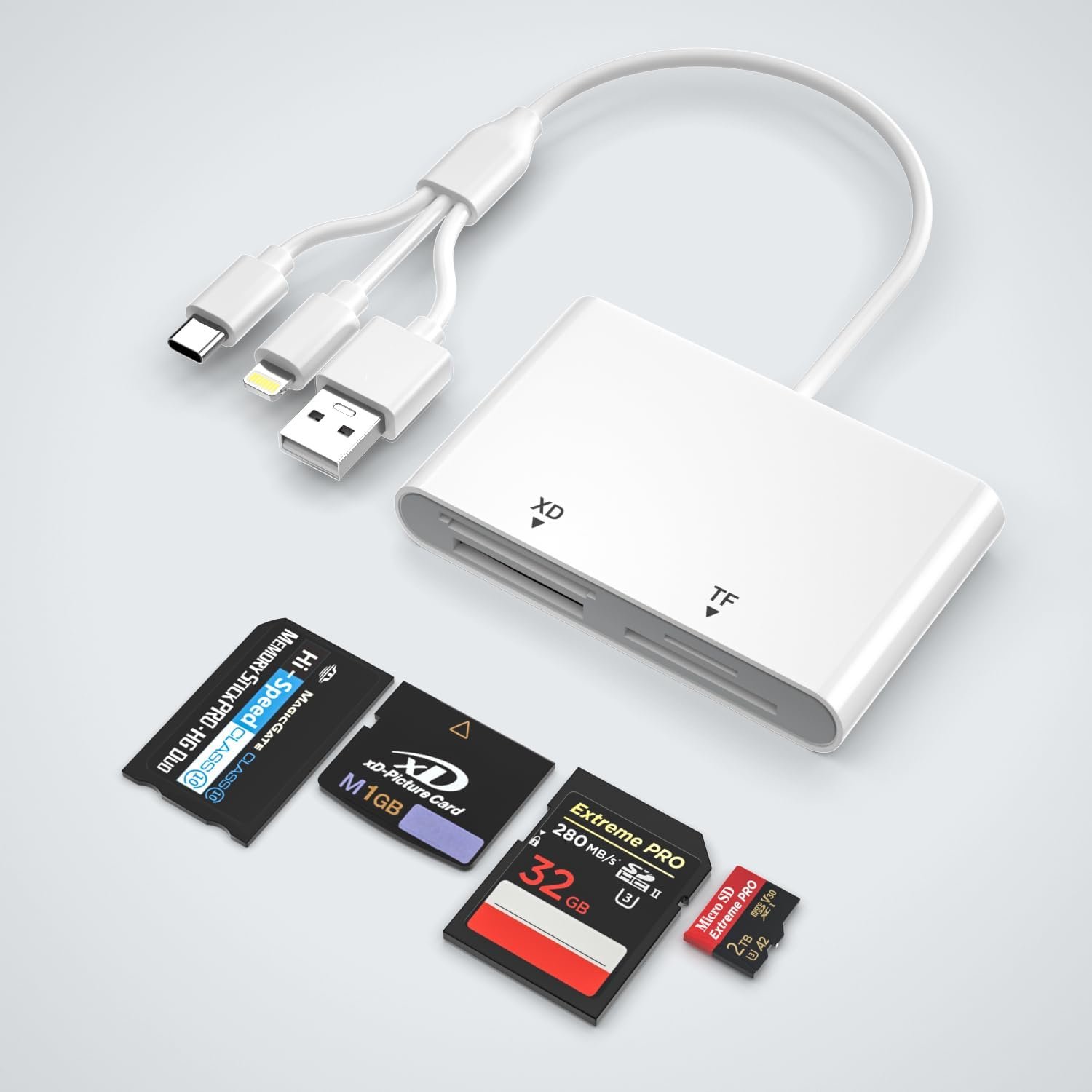 4 in 1 Card Reader for SD/TF/MS/XD, Memory Stick Pro Duo Adapter for iPhone/iPad/PC/Android, SD Card Reader with USB C/Lightning/USB and OTG, XD Picture Card Adapter for Olympus Plug & Play - Image 2