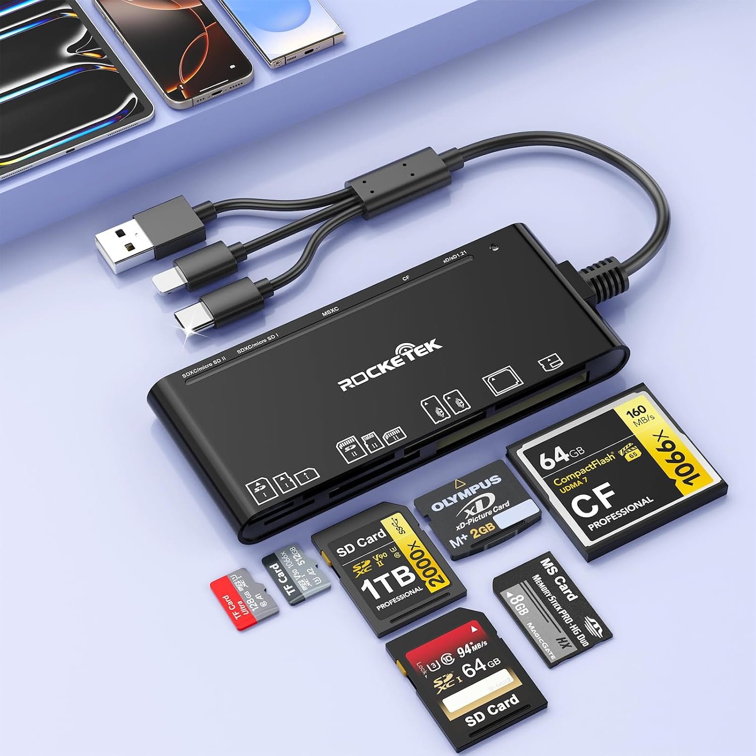 7 in 3 SD Memory Card Reader for iPhone iPad Samsung,Lightning Connector+USB C+ USB3.0 OTG Adapter Memory Card Reader for SD/TF/CF/Micro SD/XD/MS, for Windows/Mac/Linux/Android - Image 2