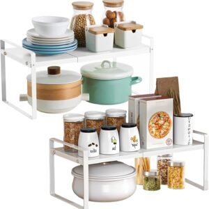 AKOLAFE Scaffale da cucina allungabile in 2 pezzi 35-65 cm Scaffale da cucina in metallo salvaspazio Supporto da cucina regolabile, capacità 36 kg, per bagno, ufficio, tavolo, credenza (bianco)
