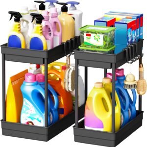 ARSTPEOE 2-Piece Kitchen Sink Organizer - 2-Tier Kitchen Shelf, Under Sink Unit with 8 Hooks, Bathroom Storage Organizer, Black