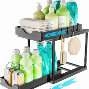 ARSTPEOE Kitchen Under Sink Organizer - Pull-Out Drawer, 2-Tier Kitchen Shelf, Under Sink Cabinet with Hooks, Drawer Organizer, Black, 1 Piece