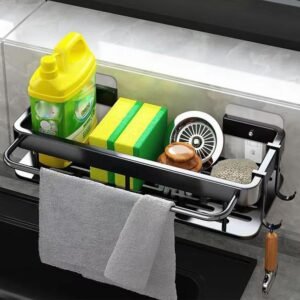Ainiv Organizer per lavello da cucina, porta spugna per lavello senza foratura, organizer da cucina salvaspazio con porta asciugamani e ganci, organizer da cucina e supporto per spugne, spazzole, detersivi