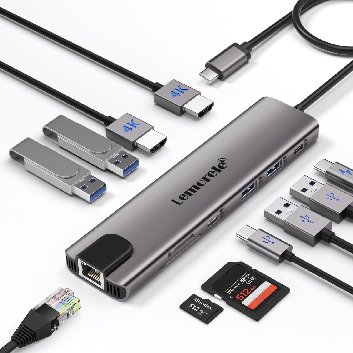 Aluminium Docking Station USB C Hub 2 HDMI 4K Ethernet Gigabit, 4 USB 3.0/2.0, USB-C 3.0, PD100W, SD TF, 1000M RJ45 Lan Dual HDMI Dock Usbc Dual Monitor Multiport Adapter MacBook Lemorele 11in1 - Image 2
