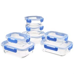 Amazon Basics Contenitori per alimenti in vetro con coperchio chiudibile a chiave, 14 unità, 4 contenitori rettangolari, 3 contenitori rotondi, senza BPA, trasparenti con anelli in silicone blu