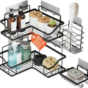 Avilia Mensole Angolari per Adesivi da Parete, Set da 4 in Metallo con Ganci Integrati, Senza Foratura, Organizer Cucina Bagno Salvaspazio, Installazione Immediata Design Moderno