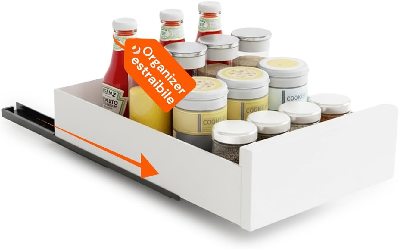 Avilia - Organizer Estraibile Multiuso Salvaspazio per Cucina e Casa, Organizer Bianco Compatto con Struttura Resistente, Pratico Accesso Scorrevole per Ordine Quotidiano e Funzionalità