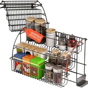 Avilia Organizzatore da Cucina a 3 Ripiani in Metallo Nero Pieghevole Robusto Scaffale da Cucina Scaffale per Spezie da Cucina Facile da Installare e Pulire Design Moderno Salvaspazio