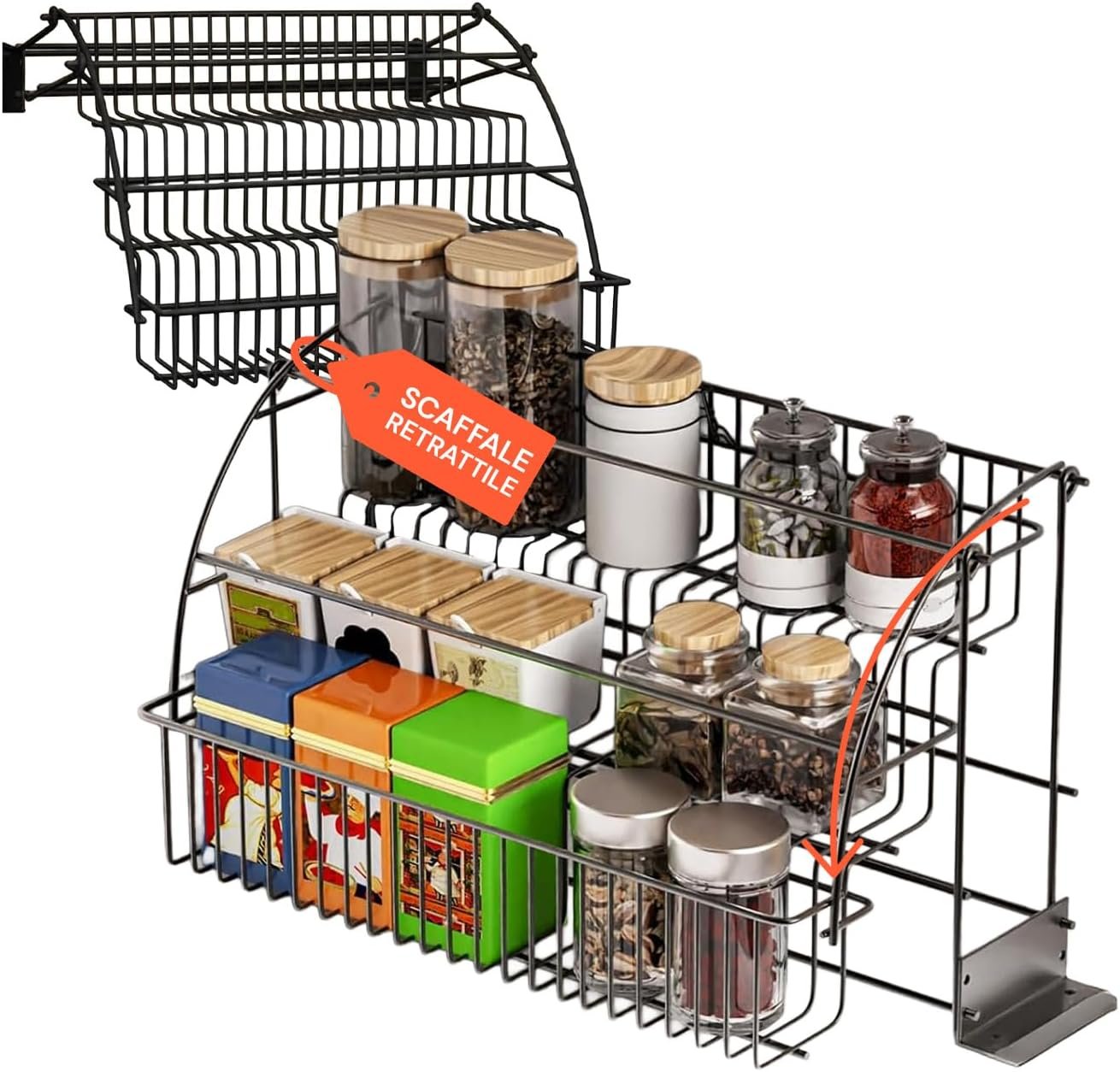 Avilia Organizzatore da Cucina a 3 Ripiani in Metallo Nero Pieghevole Robusto Scaffale da Cucina Scaffale per Spezie da Cucina Facile da Installare e Pulire Design Moderno Salvaspazio
