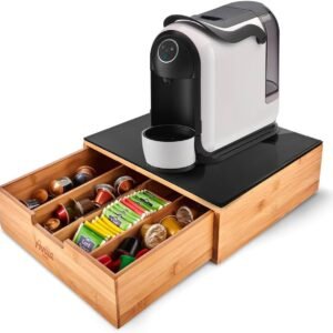 Avilia Porta cialde caffè in bambù con cassetto e ripiano in vetro - Organizzatore per cialde, capsule e tisane - Porta capsule caffè, bustine di tè e zucchero - Ideale per l'angolo caffè in cucina e ufficio