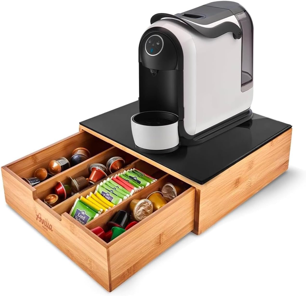 Avilia Porta cialde caffè in bambù con cassetto e ripiano in vetro - Organizzatore per cialde, capsule e tisane - Porta capsule caffè, bustine di tè e zucchero - Ideale per l'angolo caffè in cucina e ufficio