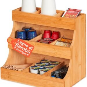 Avilia Portaoggetti in Bambù con 9 Scomparti - Porta Capsule e Porta Cialde per Caffè, Supporto da Cucina Salvaspazio per Bustine di Tè, Tisane e Zucchero - Contenitore Multiuso per Cucina, Ufficio e Bagno
