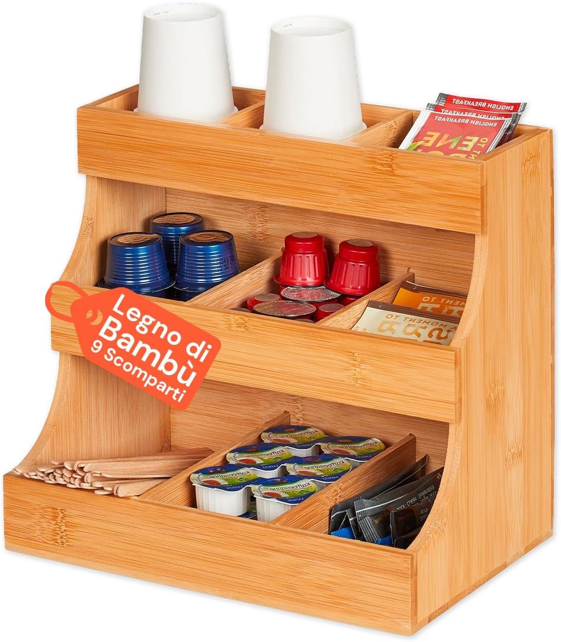 Avilia Portaoggetti in Bambù con 9 Scomparti - Porta Capsule e Porta Cialde per Caffè, Supporto da Cucina Salvaspazio per Bustine di Tè, Tisane e Zucchero - Contenitore Multiuso per Cucina, Ufficio e Bagno