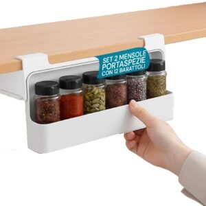 Avilia - Set 2 Portaspezie da Appendere Estensibile Senza Fori, 6 Barattoli di Vetro Ermetici Inclusi, Regolabile, Portaspezie da Cucina Salvaspazio Adesivo Antiscivolo