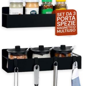 Avilia Set 3 Organizer Cucina Magnetici per Frigorifero - Portaspezie, Portarotolo e Ganci per Utensili in Metallo Nero - Ripiano Salvaspazio Senza Fori - per Dispensa e Frigo