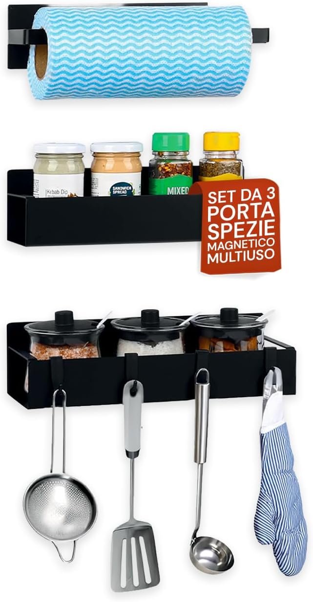 Avilia Set 3 Organizer Cucina Magnetici per Frigorifero - Portaspezie, Portarotolo e Ganci per Utensili in Metallo Nero - Ripiano Salvaspazio Senza Fori - per Dispensa e Frigo