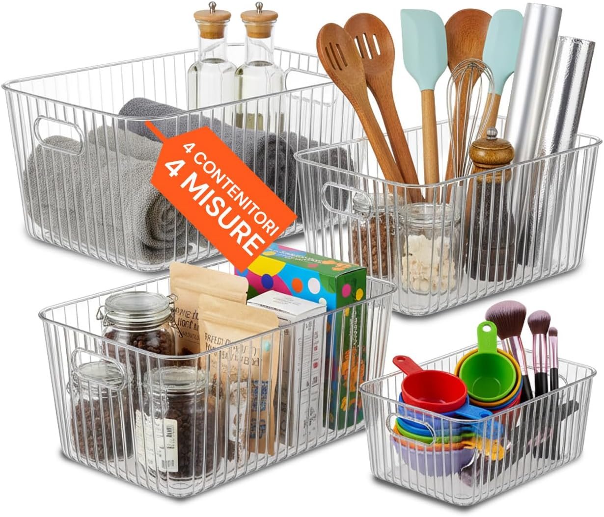 Avilia - Set 4 Organizzatori, Plastica Robusta, Contenitori Multiuso Trasparenti, Salvaspazio, Maniglie Integrate per Cucina, Frigorifero e Bagno - Scatola Impilabile, Dispensa e Trucco
