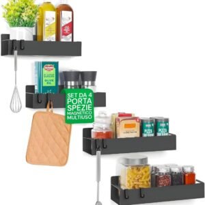 Avilia - Set 4 Ripiani Magnetici Organizer Cucina Nero per Frigo con Ganci Integrati, Facili da Applicare, Portaspezie Salvaspazio per Mantenere Barattoli, Spezie e Utensili Sempre Ordinati