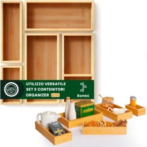Avilia Set 5 Organizer Multiuso in Bambù - Varie Misure - Divisori per Cassetti Cucina, Bagno o Scrivania - Pratici e Facili da Pulire - Salvaspazio Modulabili a seconda delle Esigenze