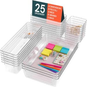 Avilia Set da 25 Organizzatori per Cassetti Trasparenti Impilabili – Divisori Modulari in Plastica – Scatole Portaoggetti per Scrivania, Guardaroba, Cucina, Trucco – Kit Salvaspazio 4 Misure