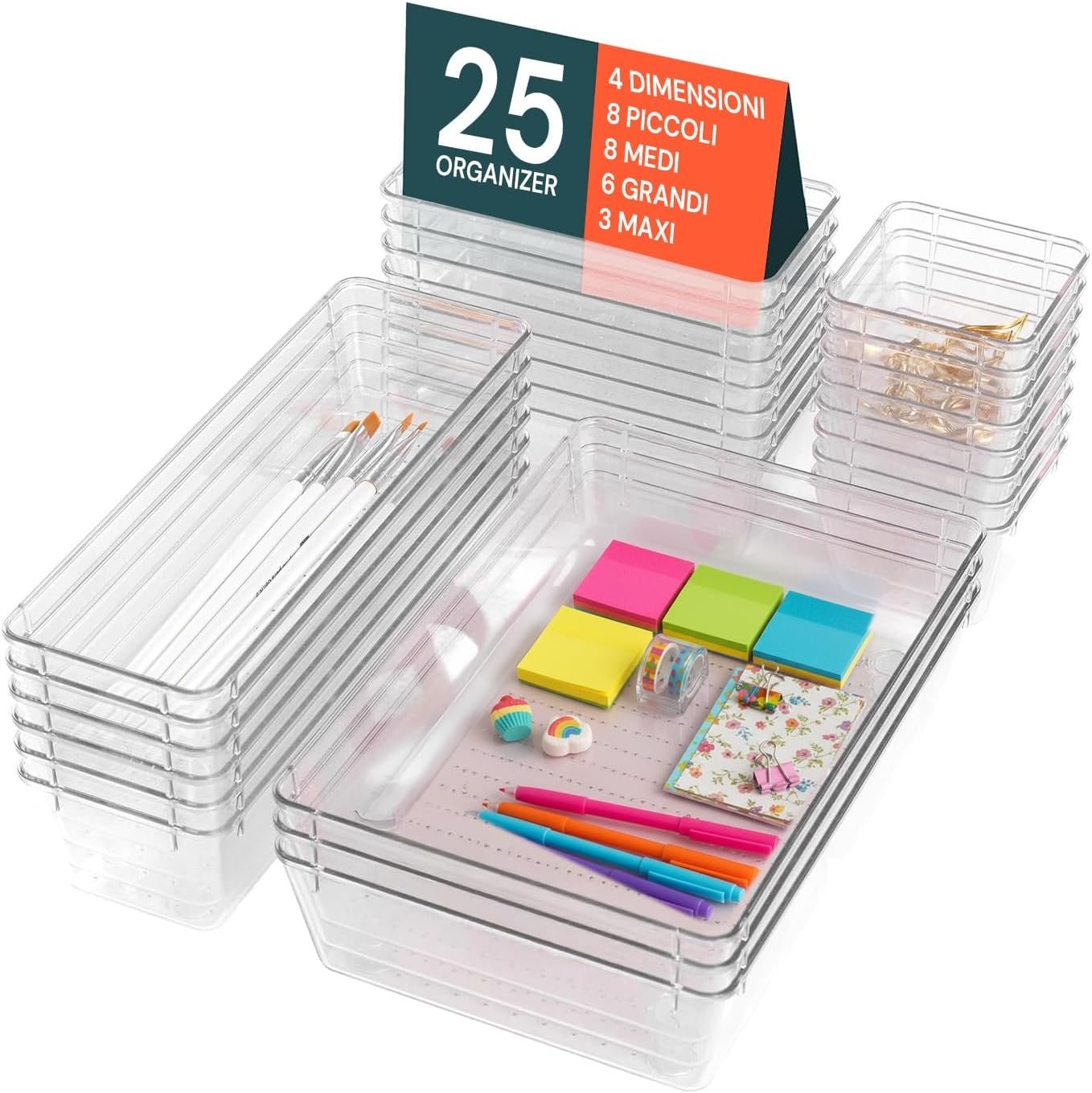 Avilia Set da 25 Organizzatori per Cassetti Trasparenti Impilabili – Divisori Modulari in Plastica – Scatole Portaoggetti per Scrivania, Guardaroba, Cucina, Trucco – Kit Salvaspazio 4 Misure
