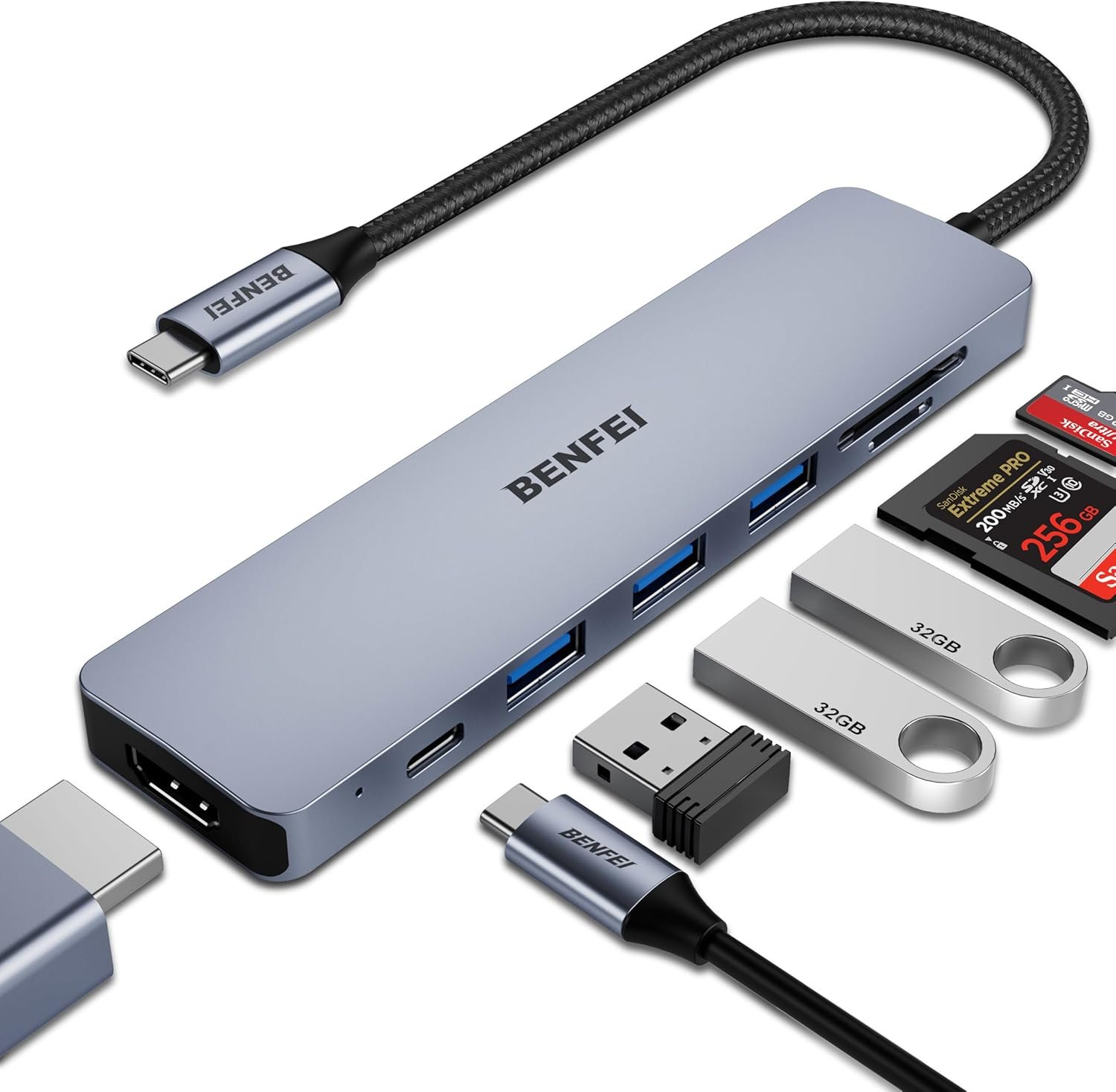 BENFEI 7in1 USB C Hub, USB-C HUB Multiport Adapter with HDMI(4K@60Hz Certificate)/100W Power Delivery/3*USB 3.0/SD/TF Card Reader (160MB/s) for iPhone 15 Pro/Max MacBook iPad Pro iMac S23 XPS17 - Image 2