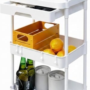 Baroni Home Carrello Portaoggetti con Ruote e Freno, 3 Ripiani con Cassetto, Struttura Resistente con Maniglie, Organizer Salvaspazio per Cucina, Bagno e Cameretta (Bianco)