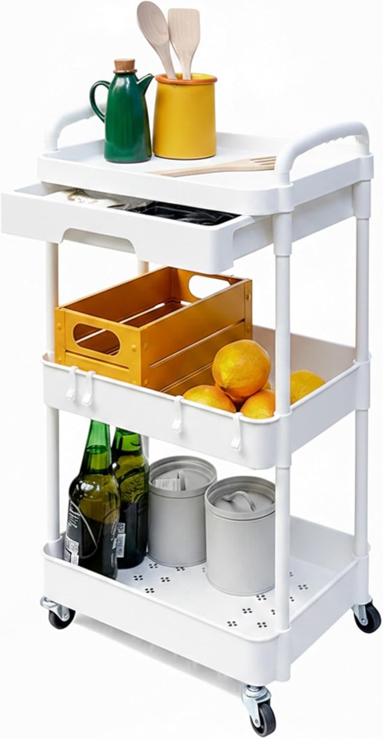 Baroni Home Carrello Portaoggetti con Ruote e Freno, 3 Ripiani con Cassetto, Struttura Resistente con Maniglie, Organizer Salvaspazio per Cucina, Bagno e Cameretta (Bianco)