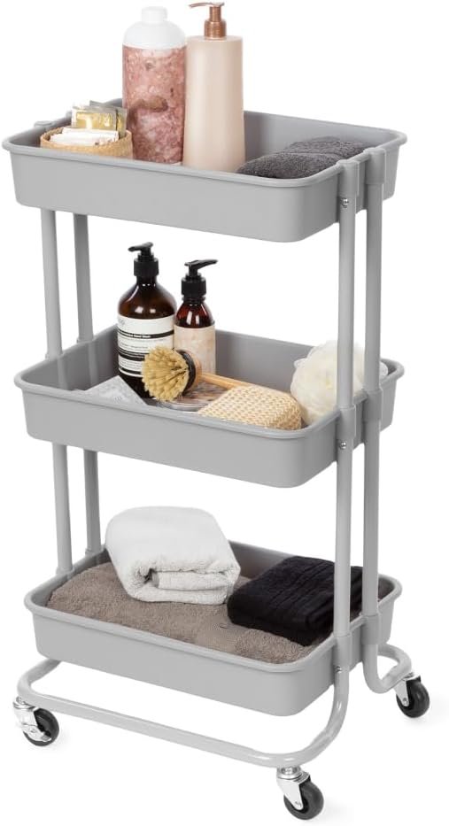 Carrello Compactor a 3 Ripiani con Ruote - Carrello da Cucina e Porta Attrezzi in Metallo e Plastica Grigio - Organizzatore Salvaspazio per Casa e Ufficio
