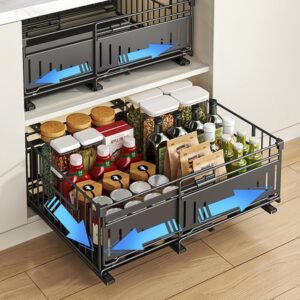 Cassetto da Cucina Estraibile, Organizer in Metallo con Cassetti Telescopici, Salvaspazio per Dispensa e Armadietto, Larghezza Regolabile da 32,5 a 50 cm (Stile A Nero, 2 Pezzi)
