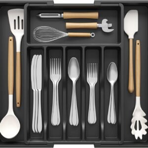 Cassetto da cucina portaposate Lifewit, organizer espandibile per posate, portaposate salvaspazio, divisori in plastica per utensili, forchette, profondità 42 cm, larghezza 33-56 cm, Nero