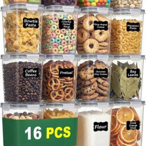 Contenitori ermetici per alimenti con coperchio, confezione da 16 contenitori da cucina impilabili Contenitori per conservazione di cereali, farina di riso, senza BPA, per dispensa e organizzazione della cucina