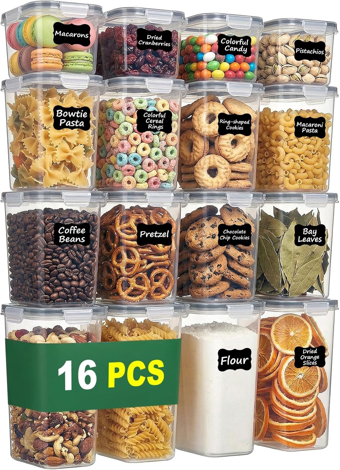 Contenitori ermetici per alimenti con coperchio, confezione da 16 contenitori da cucina impilabili Contenitori per conservazione di cereali, farina di riso, senza BPA, per dispensa e organizzazione della cucina