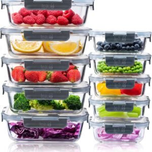 Contenitori per alimenti ermetici in vetro Igluu ​​Meal Prep con coperchio (set da 10) - Senza BPA - Forno, microonde, congelatore, lavastoviglie - 370 ml e 1050 ml - Vetro borosilicato