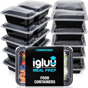 Contenitori per alimenti in plastica riutilizzabili Igluu ​​Meal Prep con coperchio (set da 10) - impilabili, adatti per microonde, congelatore, lavastoviglie - 900 ml - 2 scomparti - Senza BPA