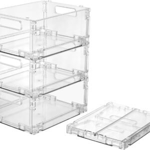 Cozary Set di 4 Organizzatori per Frigo Pieghevoli e Impilabili, Contenitori per Frigo Trasparenti con Manico, Senza BPA per Cucine, Frigoriferi, Armadi, Bagni e Dispensa, 20,5 x 15,5 x 9,5 cm