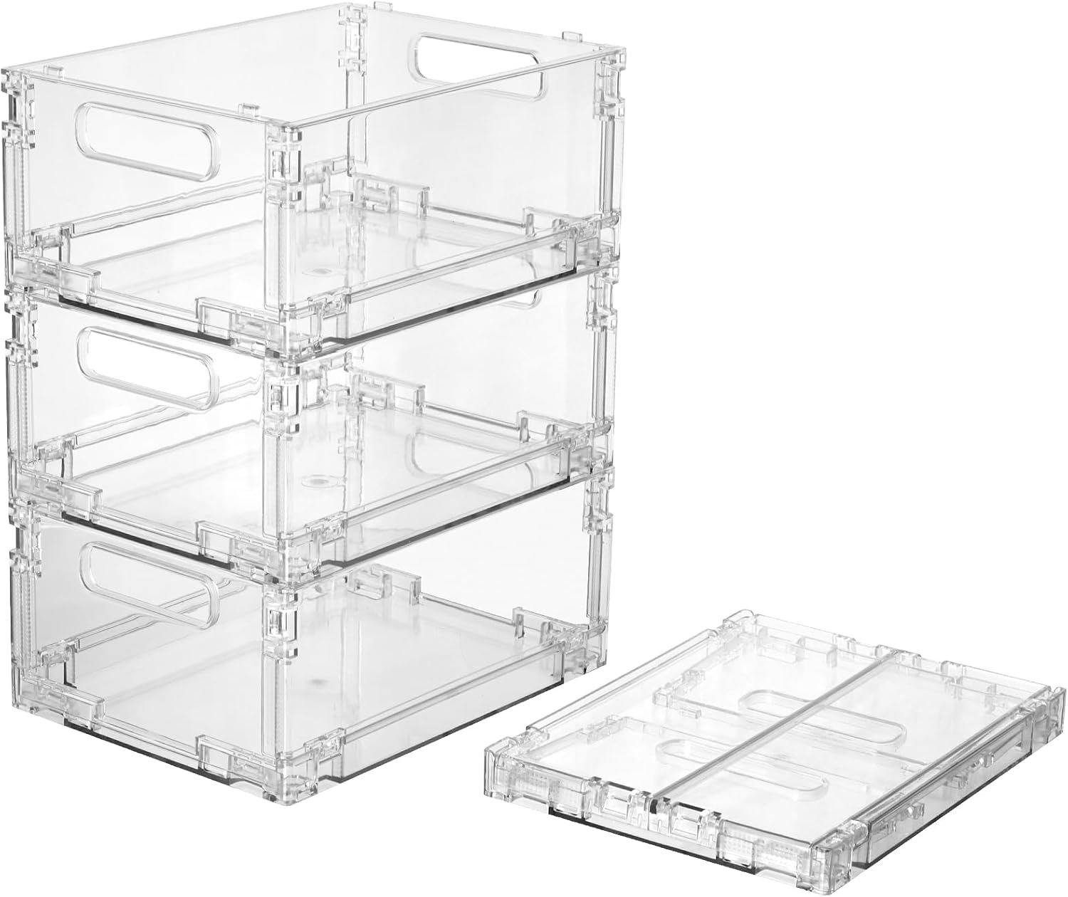 Cozary Set di 4 Organizzatori per Frigo Pieghevoli e Impilabili, Contenitori per Frigo Trasparenti con Manico, Senza BPA per Cucine, Frigoriferi, Armadi, Bagni e Dispensa, 20,5 x 15,5 x 9,5 cm