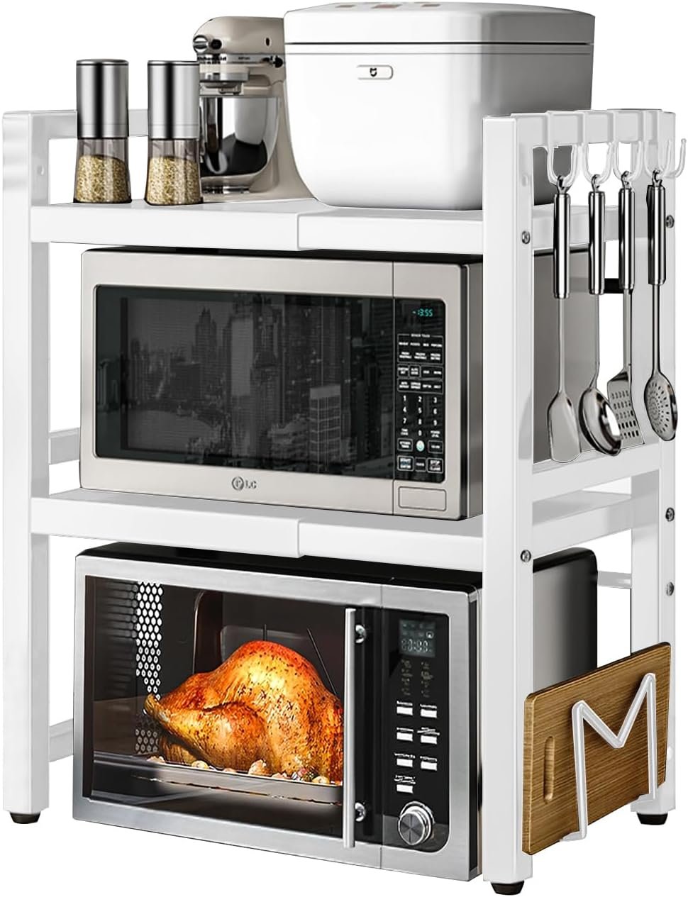 Devesanter Scaffale per microonde a 3 ripiani, organizer per microonde con 5 ganci, ripiano da cucina, portaspezie, allungabile, piano di lavoro, ripiani da forno per larghezza 40-64 cm