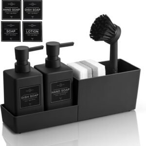 Dispenser di sapone per lavello da cucina con portaspugna, spazzola, 2 dispenser e spugne, dispenser di detersivo ricaricabile per piatti per il bagno, organizer salvaspazio per lavello da cucina (Nero)