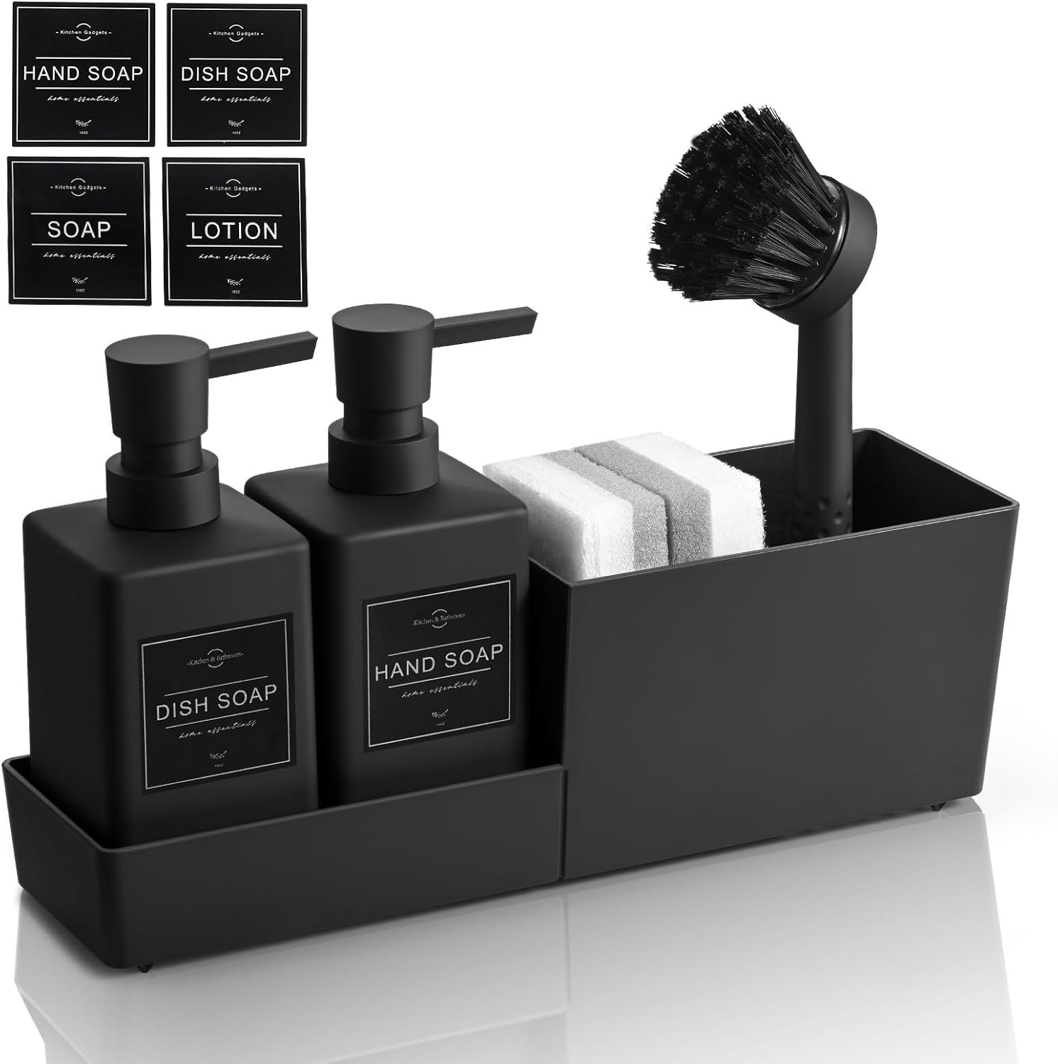 Dispenser di sapone per lavello da cucina con portaspugna, spazzola, 2 dispenser e spugne, dispenser di detersivo ricaricabile per piatti per il bagno, organizer salvaspazio per lavello da cucina (Nero)