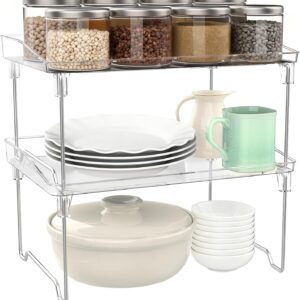 Euqvunn 2 Packs Kitchen Space-Saving Shelf, Folding Kitchen Stand, Stackable Transparent Shelves Kitchen Organizer for Cupboards, Cupboards, Pantry, Countertop