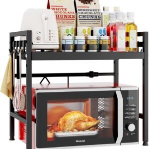 Expandable Microwave Shelf, 2 Tier Kitchen Space Saving Shelf, Carbon Steel Microwave Holder, Kitchen Storage Organizer with 8 Hooks, Black
