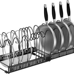 Fousenuk Porta-coperchio per pentola, Organizer per pentole con 14 scomparti regolabili, Porta-pentola salvaspazio, Porta-coperchio estensibile, Porta-coperchio in metallo, Contenitore da cucina (Nero)