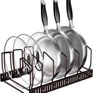 Fousenuk Porta-coperchio per pentola, Organizer per pentole con 7 scomparti regolabili, Porta-pentola, Porta-coperchio regolabile, Porta-coperchio in metallo, Contenitore da cucina (Bronzo)